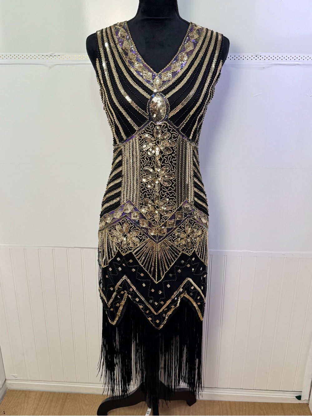 1920s Gatsby Flapper Beaded Fringe Dress Black Gold Art Deco Cocktail XL